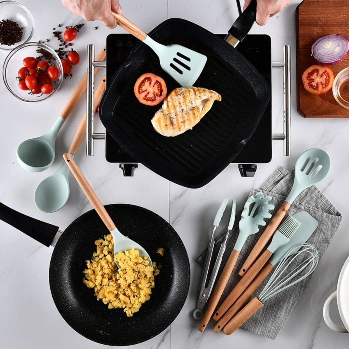 12 - Piece Silicone Kitchen Utensil Set with Wooden Handles - Home by Lorena