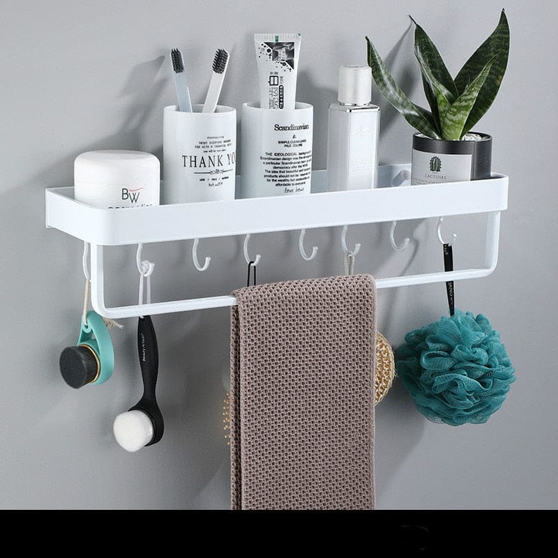 Aluminium Wall Shelf with Hooks for Bathroom Storage - Home by Lorena