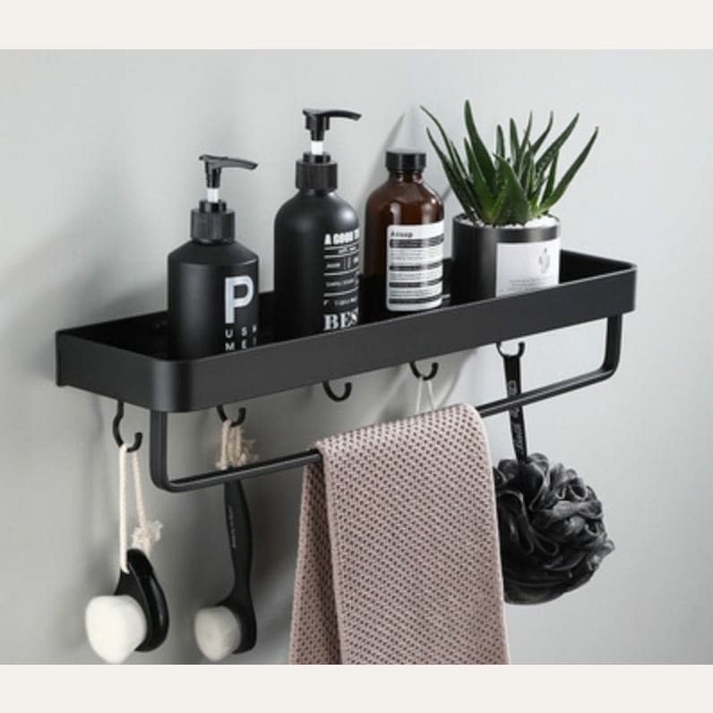 Aluminium Wall Shelf with Hooks for Bathroom Storage - Home by Lorena
