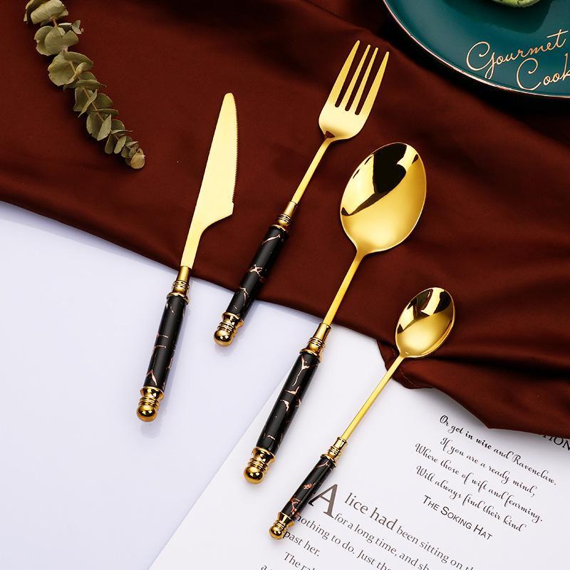 Gold Stainless Steel Cutlery Set with Marbled Handles, 16 - Piece - Home by Lorena
