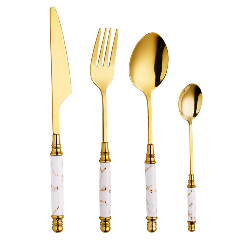 Gold Stainless Steel Cutlery Set with Marbled Handles, 16 - Piece - Home by Lorena