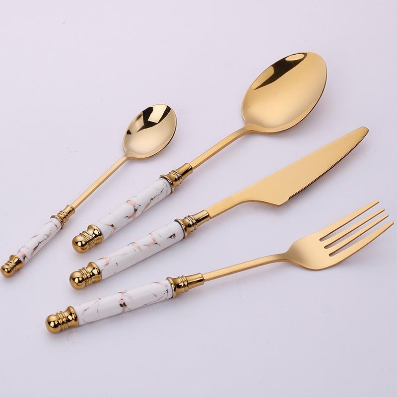 Gold Stainless Steel Cutlery Set with Marbled Handles, 16 - Piece - Home by Lorena