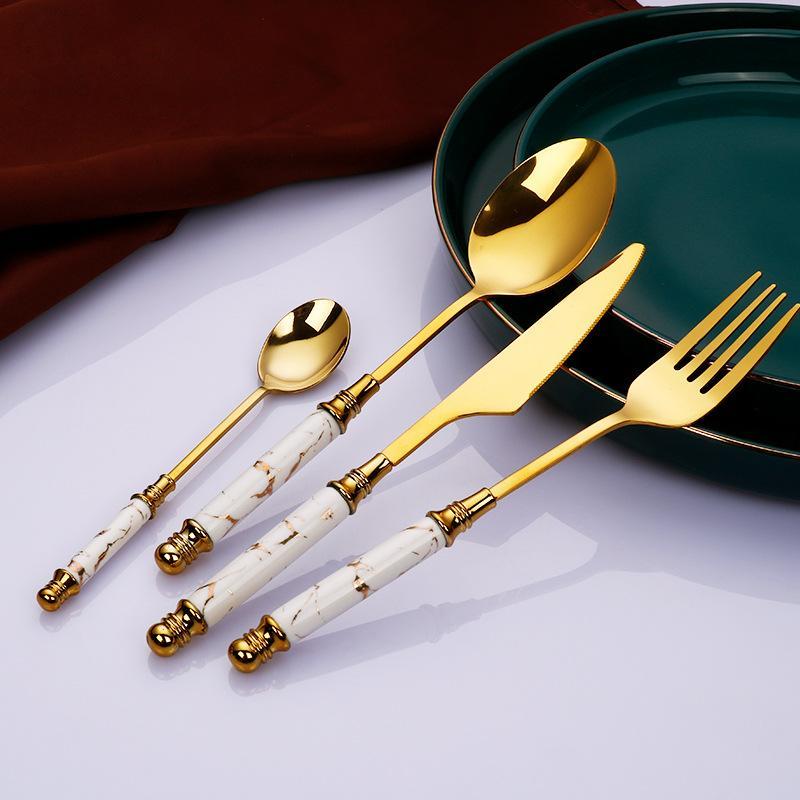 Gold Stainless Steel Cutlery Set with Marbled Handles, 16 - Piece - Home by Lorena