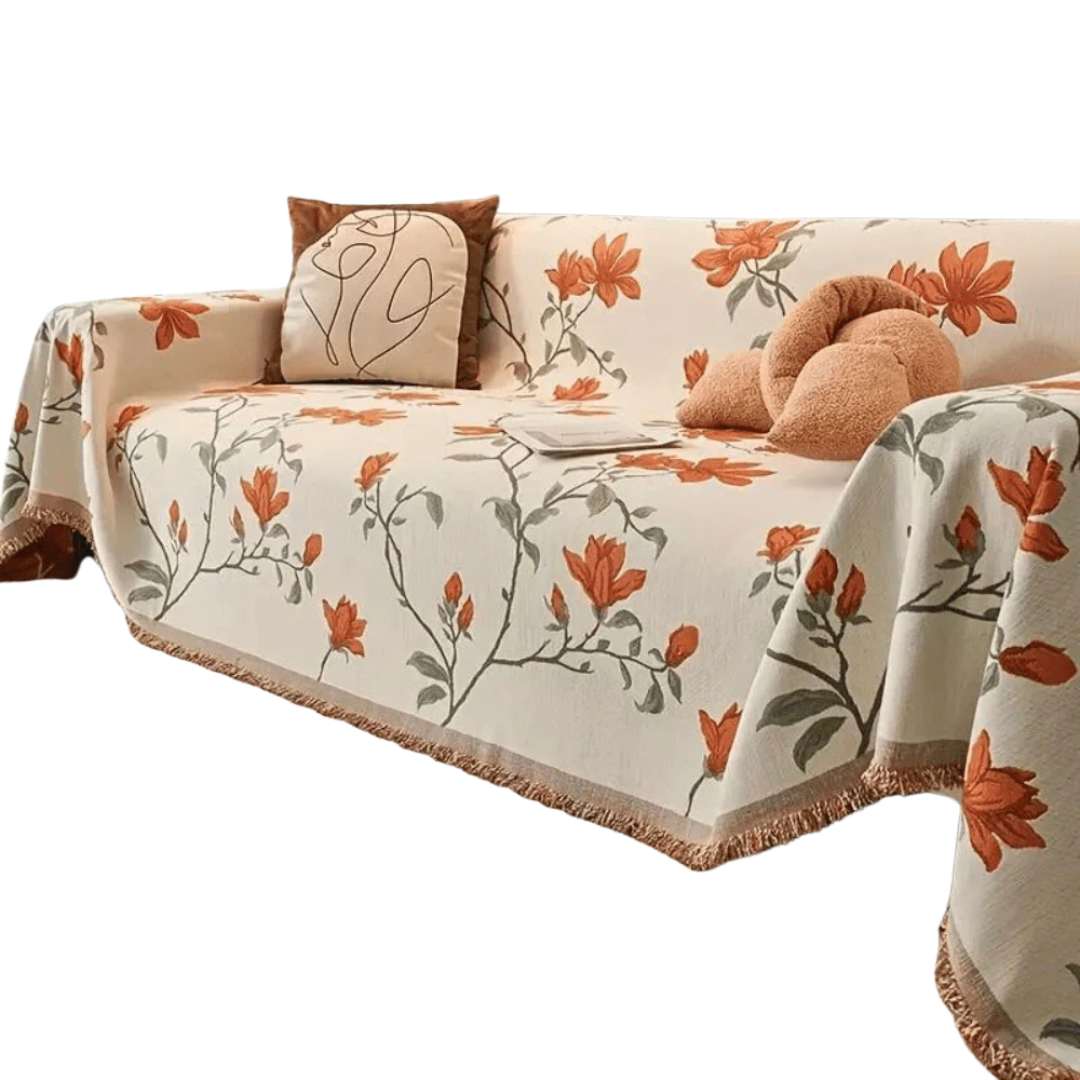 Vintage Floral Chenille Sofa Cover with Fringe Border - Home by Lorena