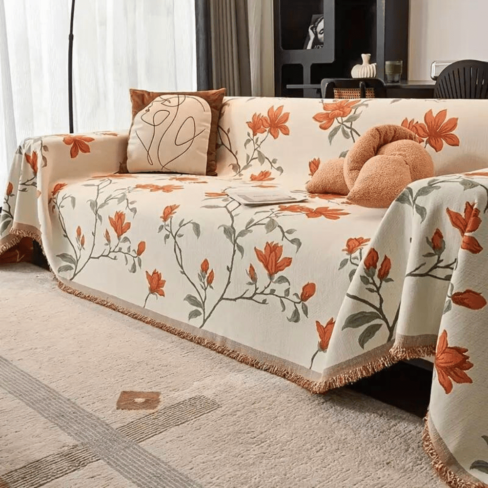 Vintage Floral Chenille Sofa Cover with Fringe Border - Home by Lorena
