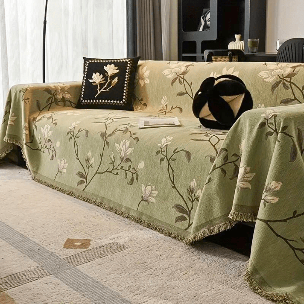 Vintage Floral Chenille Sofa Cover with Fringe Border - Home by Lorena