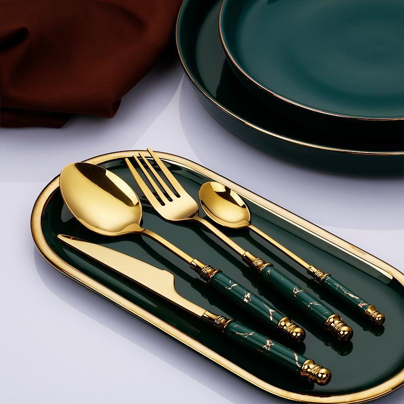 Gold Stainless Steel Cutlery Set with Marbled Handles, 16 - Piece - Home by Lorena