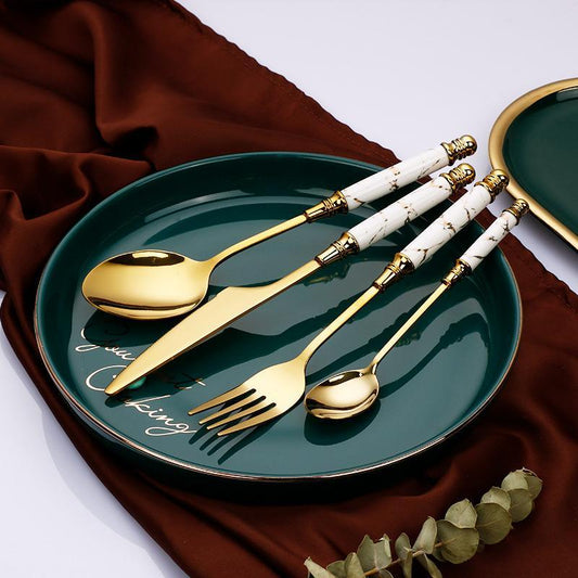 Gold Stainless Steel Cutlery Set with Marbled Handles, 16 - Piece - Home by Lorena