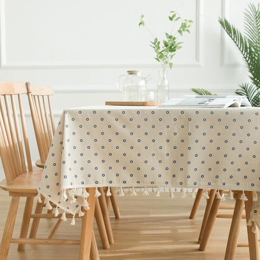 Linen Tablecloth with Blue Floral Pattern and Decorative Border - Home by Lorena