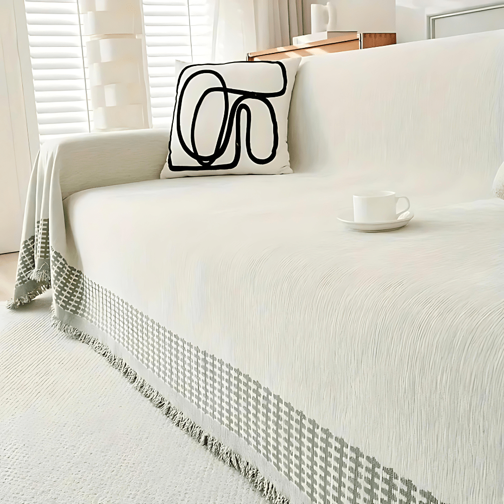 Textured Jacquard Sofa Cover with Rustic Fringe Trim - Home by Lorena