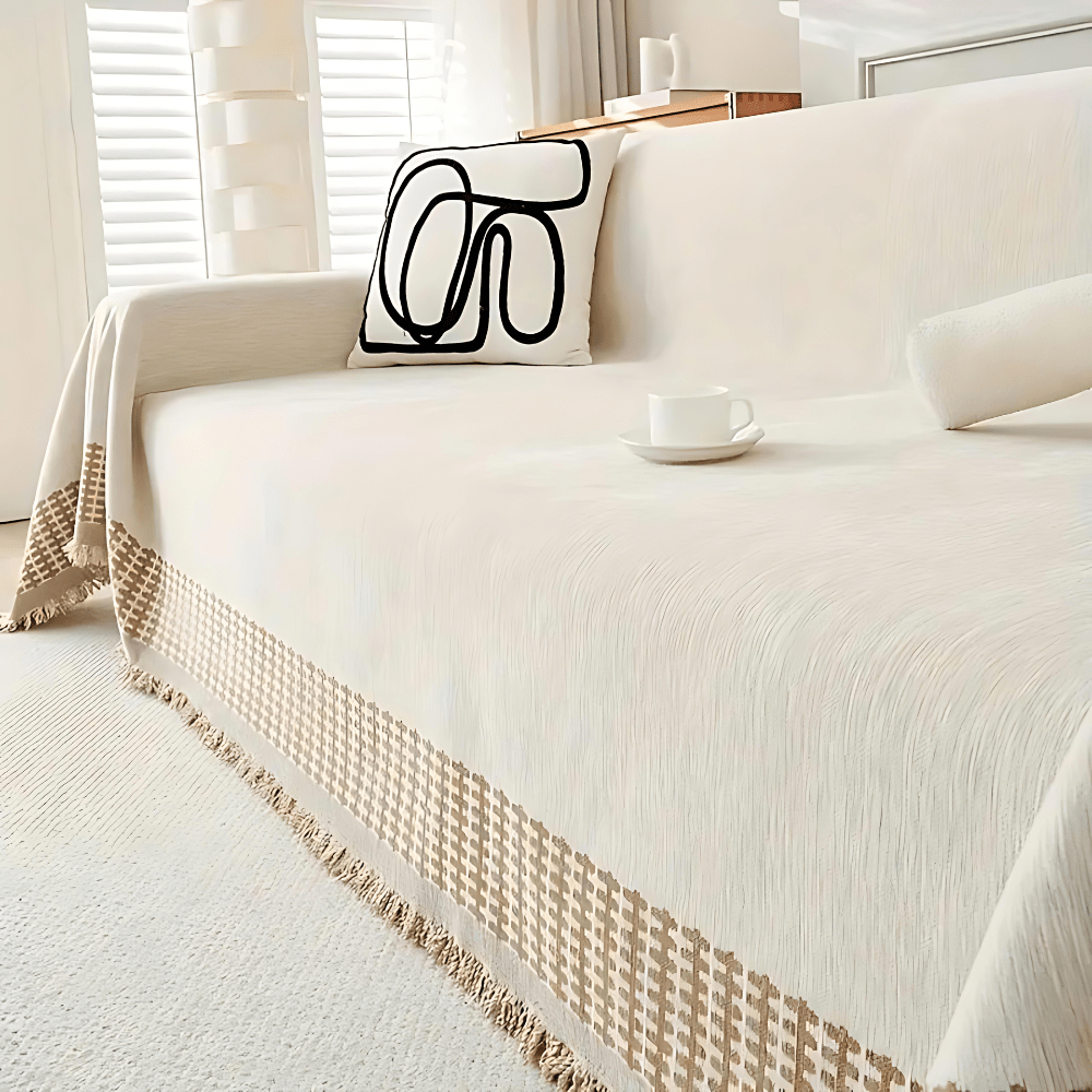 Textured Jacquard Sofa Cover with Rustic Fringe Trim - Home by Lorena