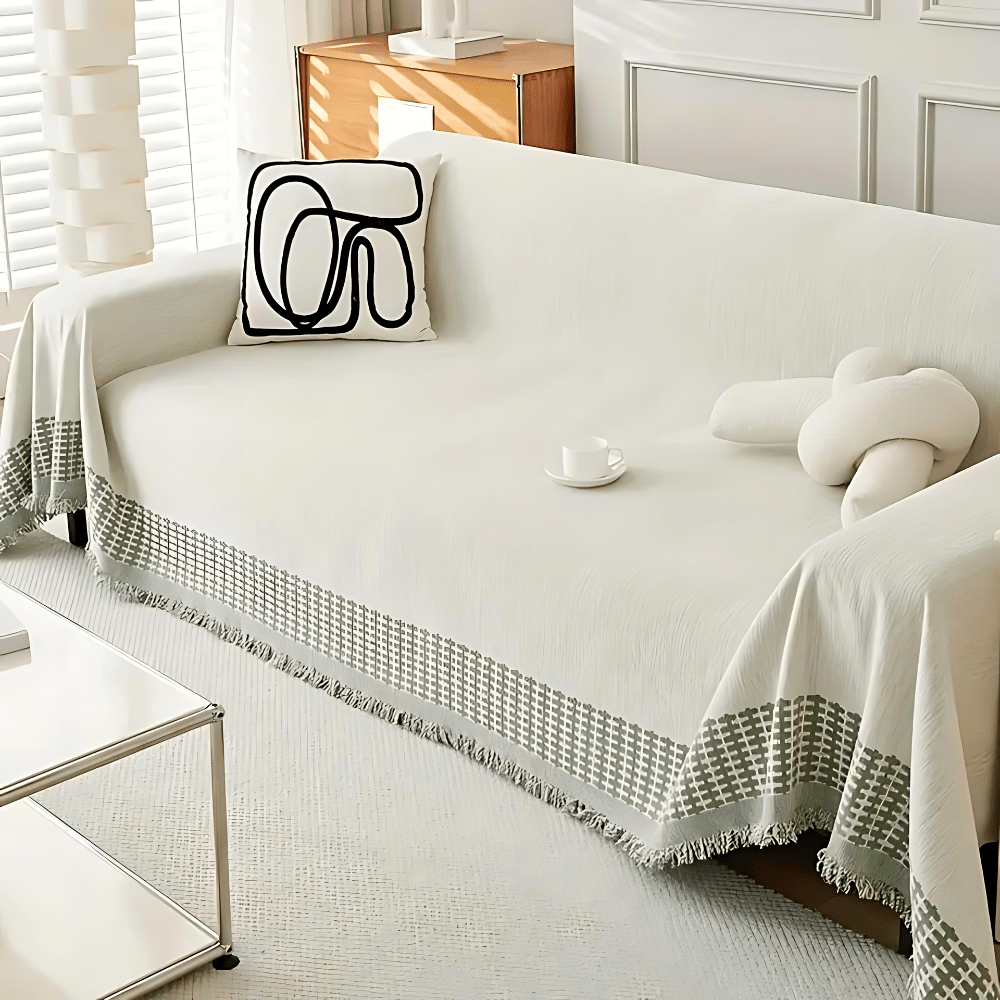 Textured Jacquard Sofa Cover with Rustic Fringe Trim - Home by Lorena