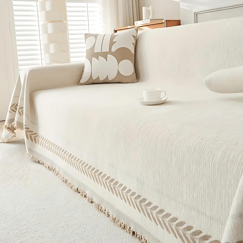 Textured Jacquard Sofa Cover with Rustic Fringe Trim - Home by Lorena