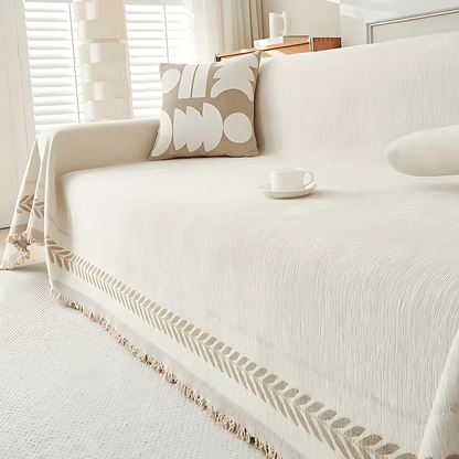Textured Jacquard Sofa Cover with Rustic Fringe Trim - Home by Lorena