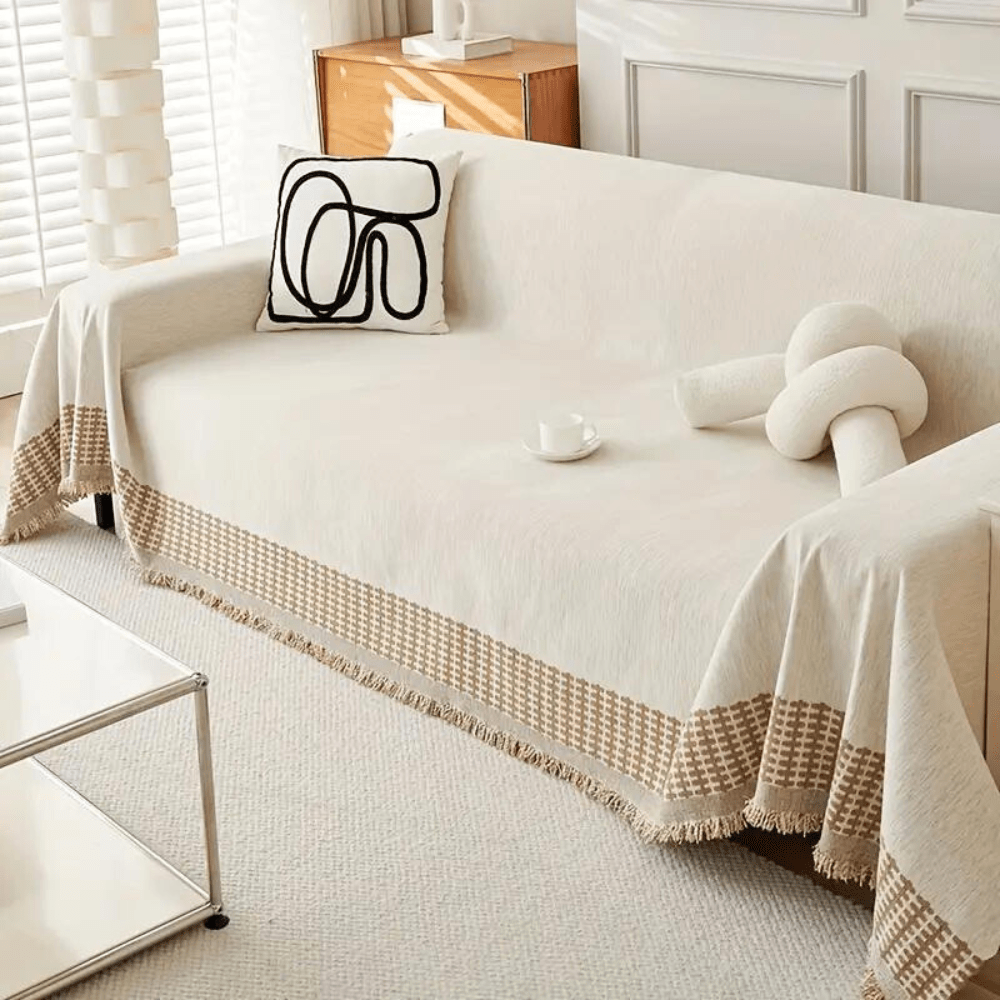 Textured Jacquard Sofa Cover with Rustic Fringe Trim - Home by Lorena