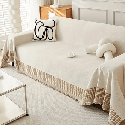 Textured Jacquard Sofa Cover with Rustic Fringe Trim - Home by Lorena