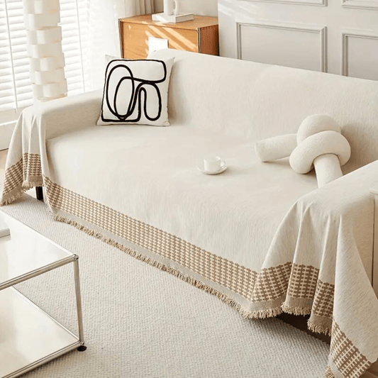 Textured Jacquard Sofa Cover with Rustic Fringe Trim - Home by Lorena