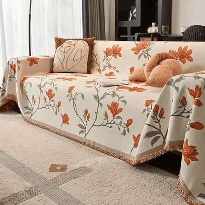 Vintage Floral Chenille Sofa Cover with Fringe Border - Home by Lorena