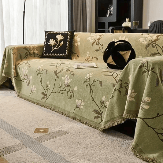 Vintage Floral Chenille Sofa Cover with Fringe Border - Home by Lorena